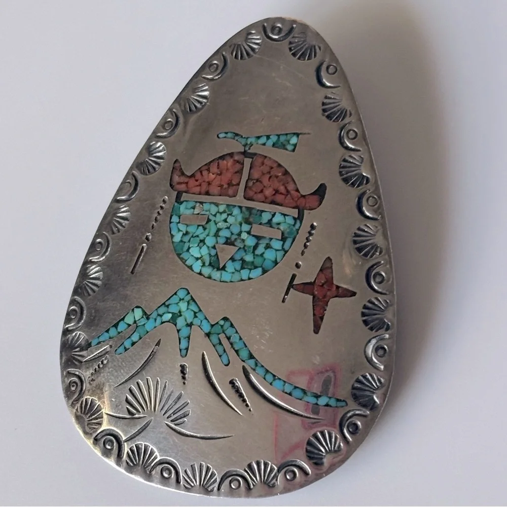 Tommy Singer Sterling Silver Turquoise & Coral‎ Chip Inlay Brooch/ Pendant